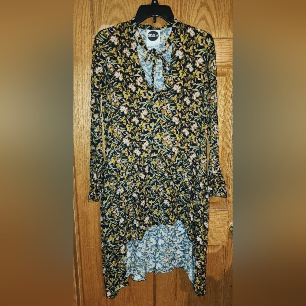 VINTAGE Womens Bell Long Sleeve Dress Milk.It Small Medium Hi Lo Blue Floral
